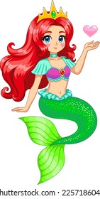 Princesa de sirena con pelo rojo. Ilustración vectorial aislada