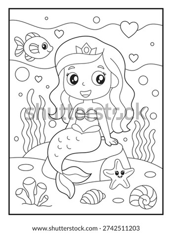 Cute Mermaid Princess Sitting on a Rock Coloring Page, Fun and Printable Activity Sheet for Children.