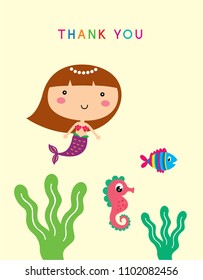 cute mermaid princess thank you card vector
