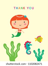 cute mermaid princess thank you card vector