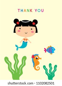 cute mermaid princess thank you card vector