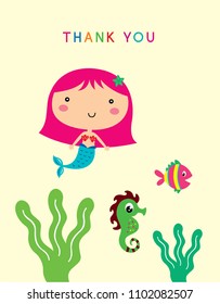 cute mermaid princess thank you card vector