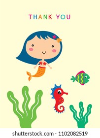cute mermaid princess thank you card vector
