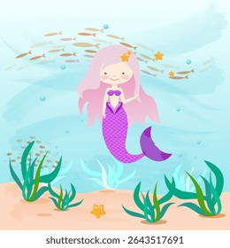 cute mermaid with a purple tail against the background of the sea and fish algae grow on the bottom vector children's illustration