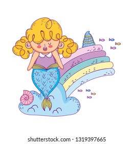 cute mermaid with rainbow in clouds
