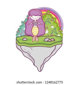 cute mermaid with rainbow in the landscape