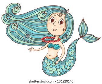 Cute mermaid with red beads isolated on white.Vector cartoon illustration.