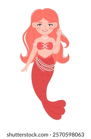 Cute mermaid with red hair in cartoon style. Flat vector illustration.