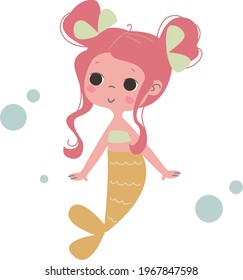 Cute mermaid with red hair and a fish tail in a yellow top. Vector illustration in cartoon children s style. Hello summer Baby print for anime girl. Pastel color. Funny character art.