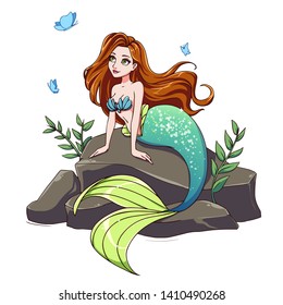 Cute Mermaid Red Hair Green Tail Stock Vector (Royalty Free) 1410490268 ...