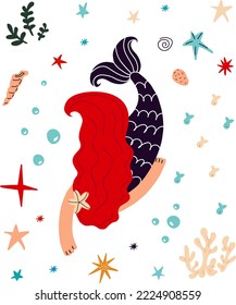 Cute Mermaid with red hair and marine animals. Mermaid and sea life.Vector cartoon illustration