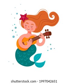 cute mermaid with red hair plays the guitar