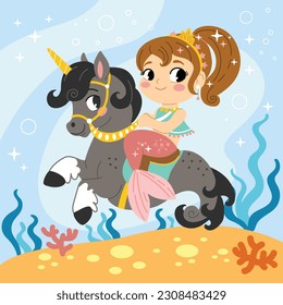 Cute mermaid ride on a seahorse in the underwater world. Vector cartoon illustration in flat style. For print, design, poster, sticker, card, decoration and t shirt design