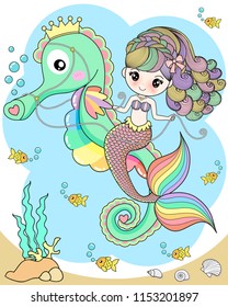 Cute mermaid riding a seahorse