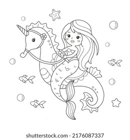 Cute Mermaid Riding A Seahorse Drawing Coloring Page Illustration