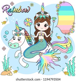 Cute mermaid riding a unicorn in the sea