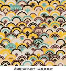 Cute mermaid scales squama background, vector seamless fabric pattern, tiled textile print. Classic chinese squama scales seamless arc tiles mosaic. Fish skin pattern.