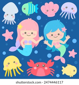 Cute Mermaid and Sea Animal in Children Style Cartoon illustration