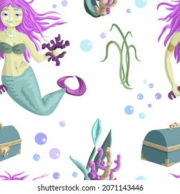 cute mermaid sea bottom white seamless pattern