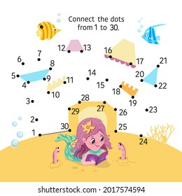 Cute Mermaid and Sea Castle. Dot to dot from 1 to 30. Game for children. Vector illustration.