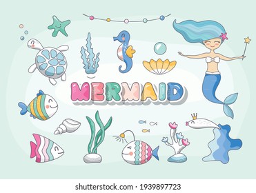 Cute mermaid, sea characters and plants set. Cartoon marine animals birthday collection for girls. Vector illustration