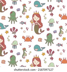 Cute mermaid and sea creatures, hand drawn vector seamless pattern. Cartoon doodle, simple marine background: a whale, sea horse, octopus, jelly fish, crab, star fish on a white background.