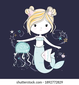 Cute mermaid with sea friends. Kids illustration on dark background. Vector.