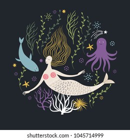 cute Mermaid and sea life