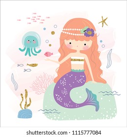 cute mermaid and sea life cartoon