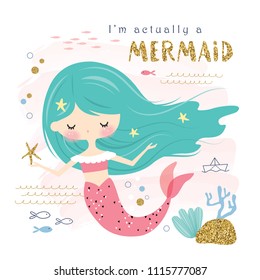 Cute Mermaid And Sea Life Cartoon