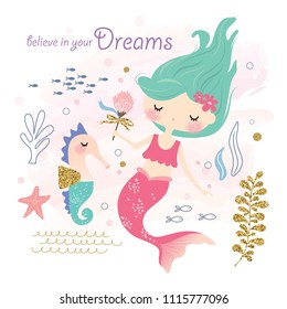 cute mermaid and sea life cartoon