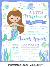 Cute mermaid and sea life cartoon for party invitation card template