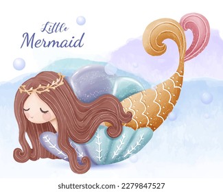 Cute mermaid and sea life illustration