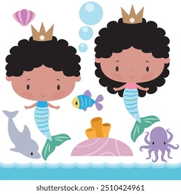 Cute  mermaid. Sea princess and prince  vector cartoon illustration