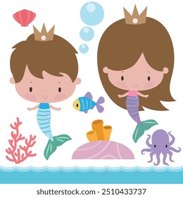 Cute  mermaid. Sea princess and prince  vector cartoon illustration