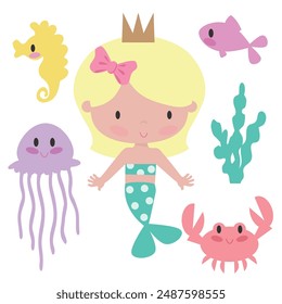 Cute mermaid sea princess vector cartoon illustration