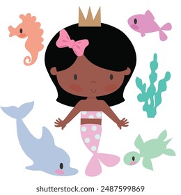 Cute mermaid sea princess vector cartoon illustration