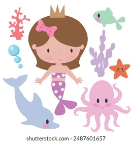 Cute mermaid sea princess vector cartoon illustration