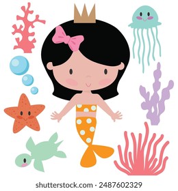 Cute mermaid sea princess vector cartoon illustration