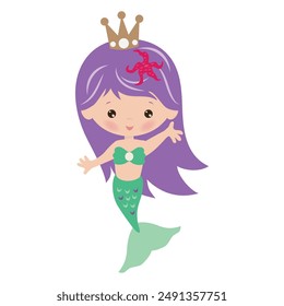 Cute mermaid sea princess vector cartoon illustration