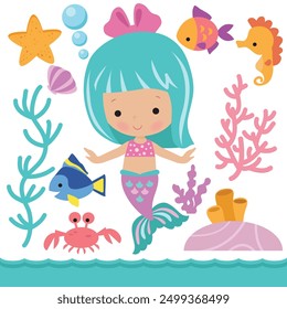 Cute mermaid sea princess vector cartoon illustration