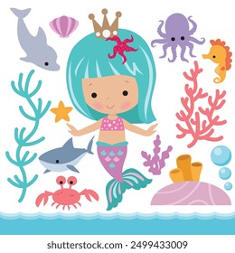 Cute mermaid sea princess vector cartoon illustration