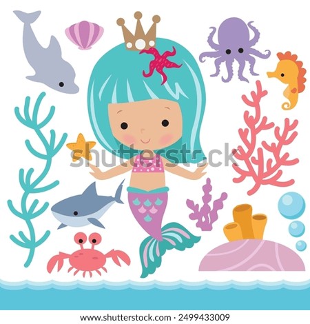 Cute mermaid sea princess vector cartoon illustration