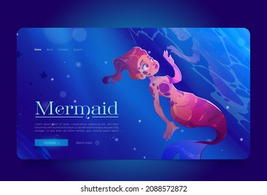 Cute mermaid at sea underwater cartoon landing page. Fairy tale character look and touch her reflection in water surface. Beautiful girl with red hair and fish tail swim in ocean, Vector web banner