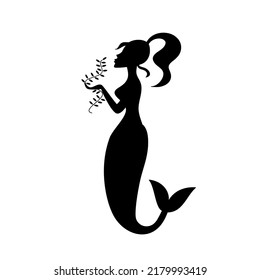 Cute Mermaid With Seagrass. Little  Girl Siren Holding Seaweed. Hand Drawn Silhouette, Vector Illustration Isolated On White. Simple Design For Icon, Logo, Emblem.