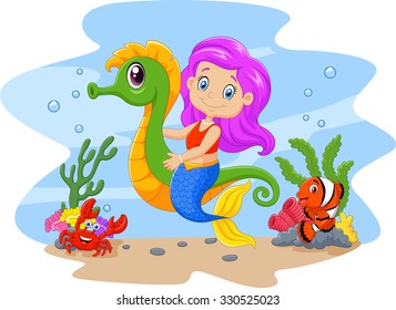 Cute mermaid with Seahorse and collection fish