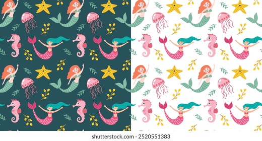 Cute Mermaid, Seahorse, and Jellyfish Seamless Pattern, Vector Illustration for Kids Fashion, Greeting Cards, T-shirt, Textile Prints, and Wallpapers