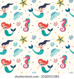 Cute Mermaid, Seahorse, and Jellyfish Seamless Pattern, Vector Illustration for Kids Fashion, Greeting Cards, T-shirt, Textile Prints, and Wallpapers