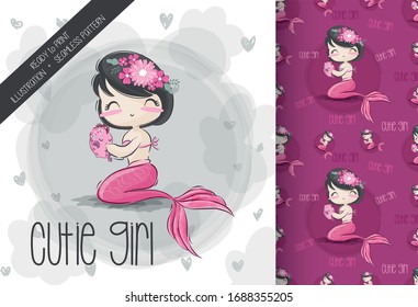 Cute mermaid with seamless pattern