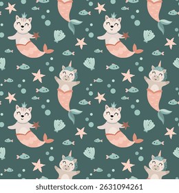 Cute mermaid seamless pattern. Adorable sea pattern for kids. Whimsical ocean hand drawn vector design in flat cartoon style